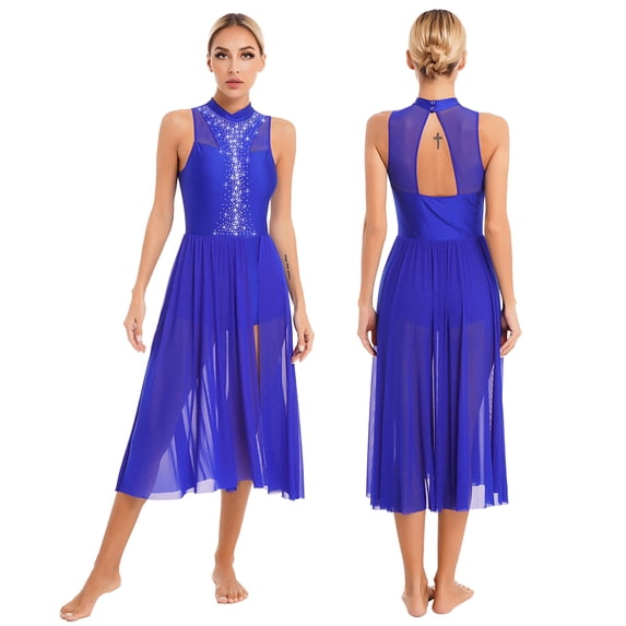 Aiihoo Women's Lyrical Dance Dress Shiny Rhinestone Modern Contemporary Flowy Ballet Dance Leotards Dress Royal Blue S