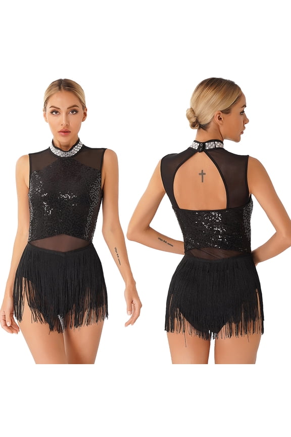 Women's Sparkle Sequins Tassel Dance Leotard Dress for Latin Jazz Ballet Chacha Gymnastics Dance Black L
