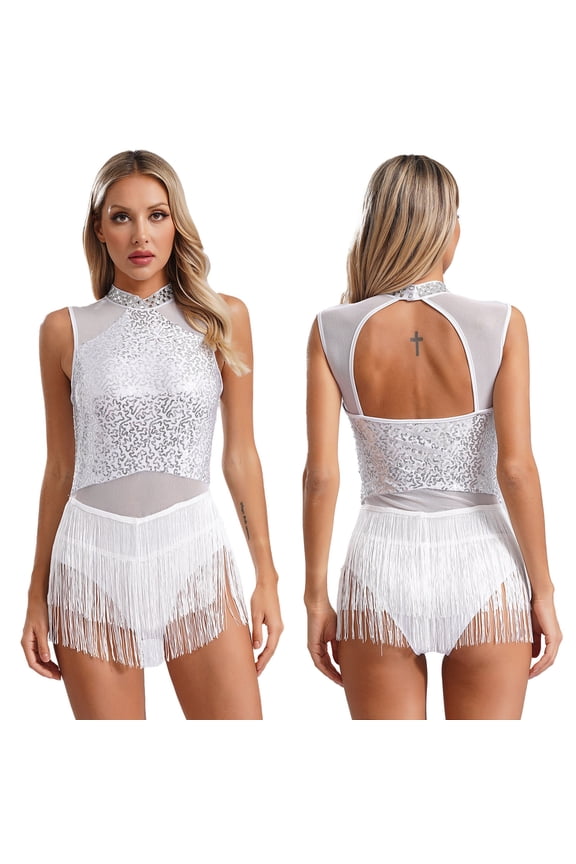 Women's Sparkle Sequins Tassel Dance Leotard Dress for Latin Jazz Ballet Chacha Gymnastics Dance White S