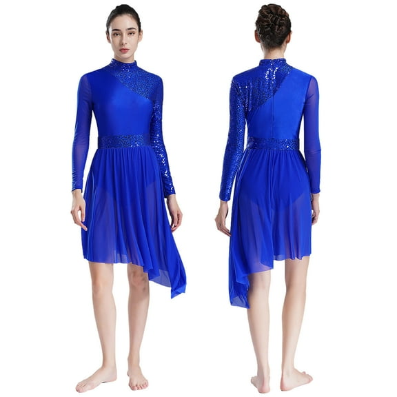 Aiihoo Women's Sparkly Lyrical Dance Dress Long Sleeve Mesh Tulle Dance Dress Contemporary Dancewear Royal Blue XXL