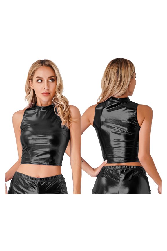 Women's Wet Look Faux Leather Crop Tops Sleeveless Turtleneck Clubwear Black L