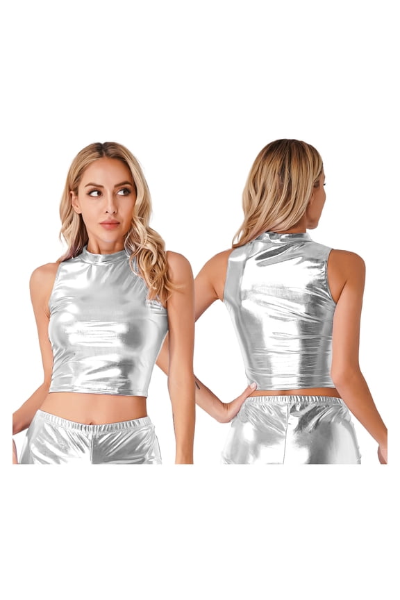 Women's Wet Look Faux Leather Crop Tops Sleeveless Turtleneck Clubwear Silver S