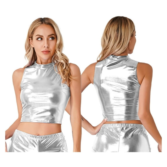 Aiihoo Women's Wet Look Faux Leather Crop Tops Sleeveless Turtleneck Clubwear Silver XL