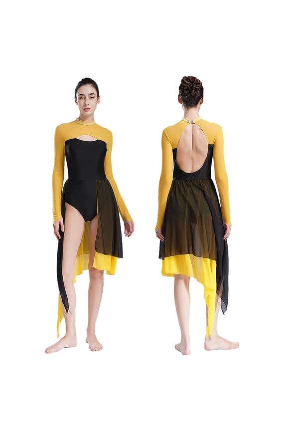 Womens Color Block Lyrical Ballet Dance Dress Backless Modern Contemporary Dance Overlays Cocktail Dress Yellow S