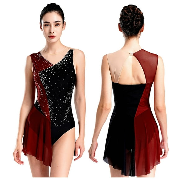 Aiihoo Womens Figure Skating Dance Dress Sparkly Color Block Sleeveless Skirted Leotard Dress Burgundy XL