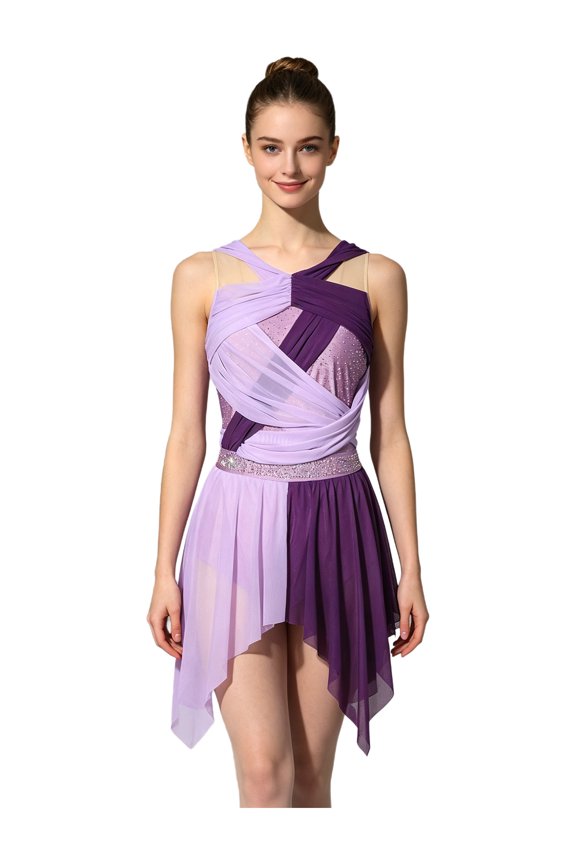Womens Figure Skating Dress Lyrical Dance Ballet Leotard Tutu Rhythmic Gymnastics Jersey Sleeveless Mesh Ruched Dress Dancewear Purple S