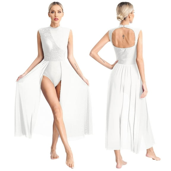 Aiihoo Womens Floral Lace Patchwork Lyrical Dance Dress Sleeveless Leotard Dress White S