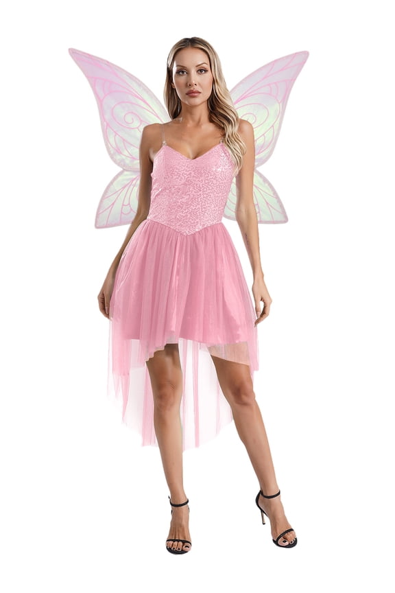 Womens Forest Fairy Dress-Up Sleeveless Sequin Dress Outfits Elf Dress with Wings Pink S
