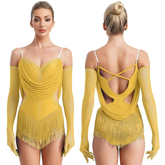 Aiihoo Womens Glittery Rhinestones Tassels Leotard Dance Shiny Rhinestones Latin Ballet Dancewear Yellow S
