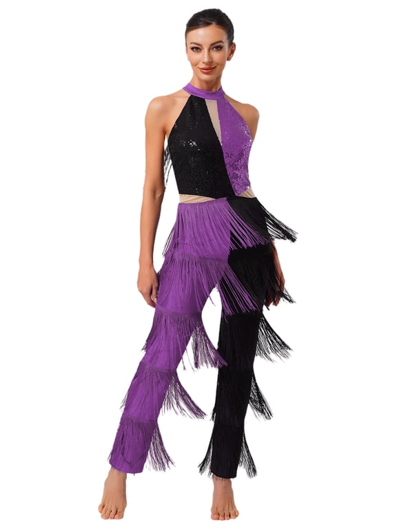 Womens Latin Dance Jumpsuit Long Pants Retro Disco Sparkly Sequin Tassel Fringe Dancewear Outfit Purple S