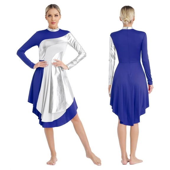 Aiihoo Womens Liturgical Worship Dance Dresses Lyrical Mock Neck Long Sleeve Curved Hem Dress Dancewear Blue 3XL