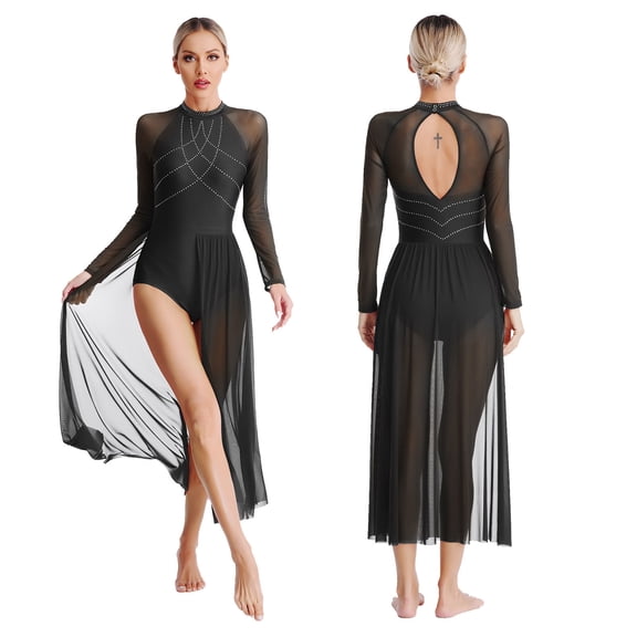 Aiihoo Womens Lyrical Dance Dress Glittery Rhinestones Sheer Mesh Flowy Split Maxi Dress Leotard Dresses Black S