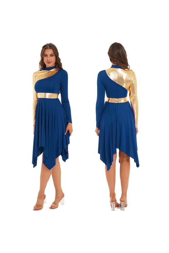 Womens Metallic Liturgical Praise Dance Dress High-low Length Church Worship Lyrical Dress Blue S