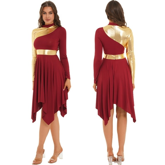 Aiihoo Womens Metallic Liturgical Praise Dance Dress High-low Length Church Worship Lyrical Dress Burgundy S