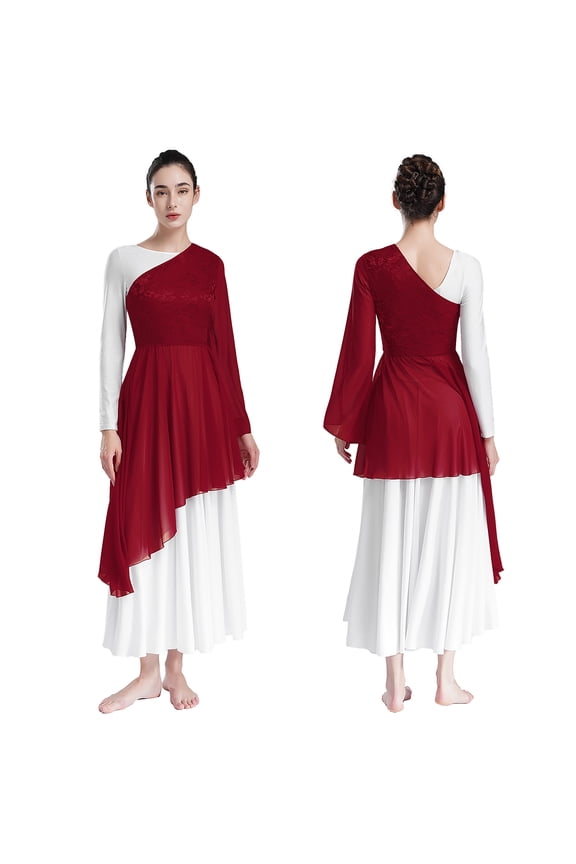 Womens Praise Dance Dress Oblique Shoulder Asymmetrical Hem Dress Floral Lace Tunic Dress Burgundy S