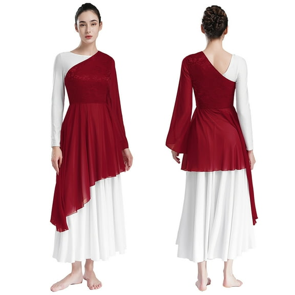 Aiihoo Womens Praise Dance Dress Oblique Shoulder Asymmetrical Hem Dress Floral Lace Tunic Dress Burgundy XXL