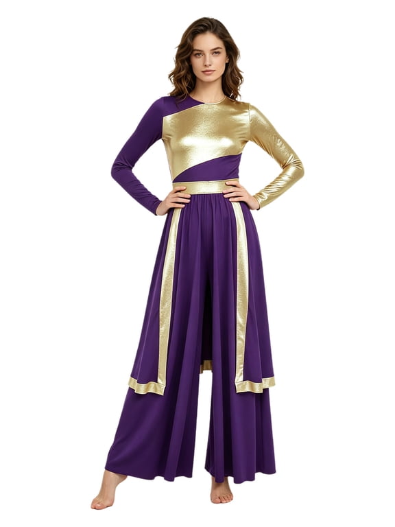 Womens Praise Worship Liturgical Dance Jumpsuit Metallic Long Sleeve Overlay Wide-leg Bodysuit Choir Church Lyrical Dancewear Purple S