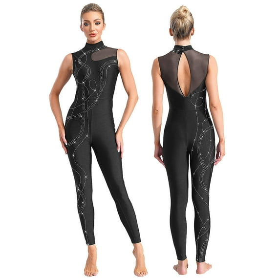 Aiihoo Womens Rhinestones Jumpsuit Sheer Mesh Patchwork Bodysuit Full Length Figure Ice Skating Bodycon Romper Black XXL