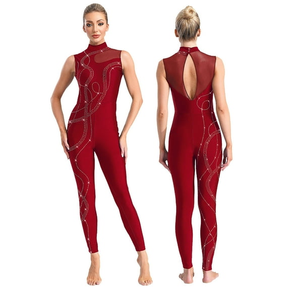 Aiihoo Womens Rhinestones Jumpsuit Sheer Mesh Patchwork Bodysuit Full Length Figure Ice Skating Bodycon Romper Burgundy S