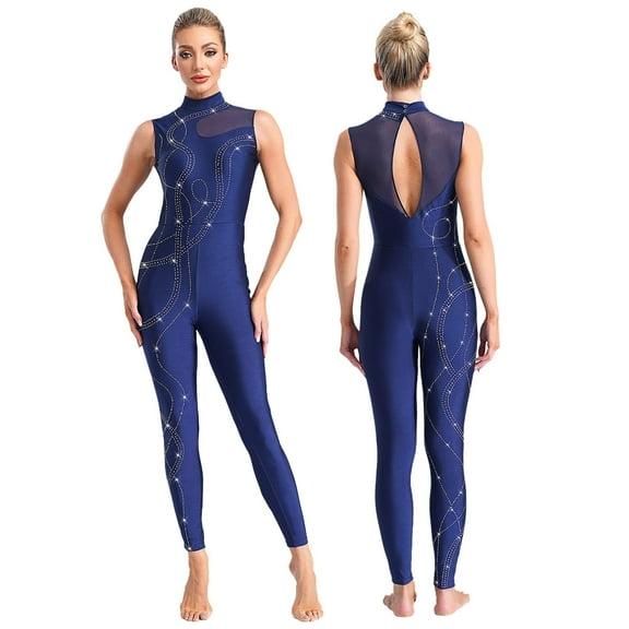 Aiihoo Womens Rhinestones Jumpsuit Sheer Mesh Patchwork Bodysuit Full Length Figure Ice Skating Bodycon Romper Navy Blue S