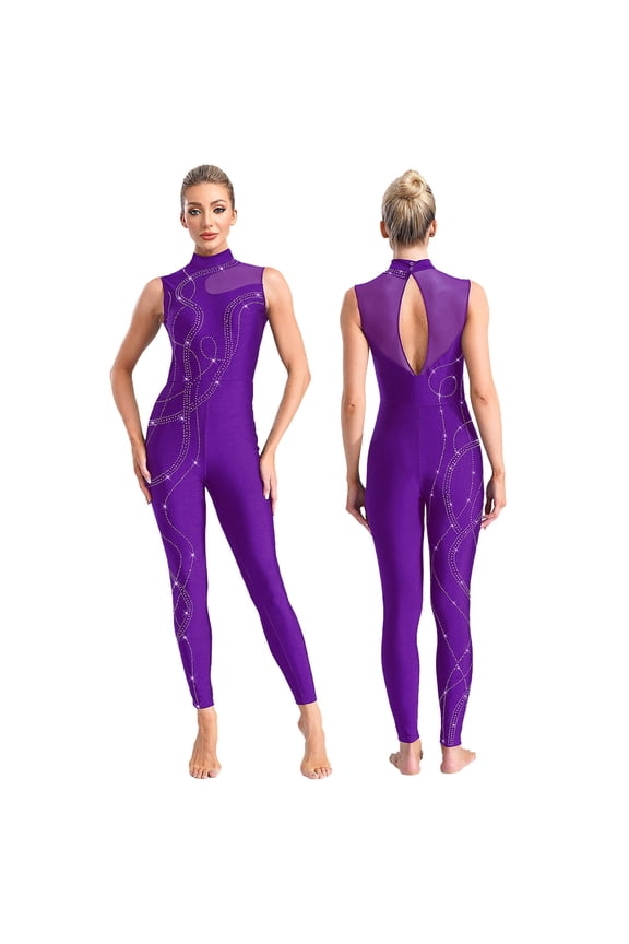 Womens Rhinestones Jumpsuit Sheer Mesh Patchwork Bodysuit Full Length Figure Ice Skating Bodycon Romper Purple S