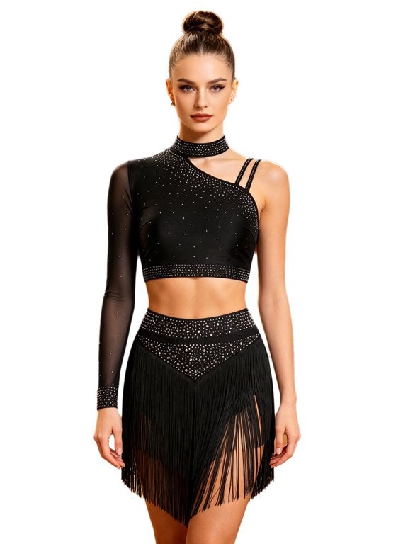 Womens Salsa Tango Dance Outfit Single Long Sleeve Rhinestone Top with Tiered Tassel Skirt Elegant Latin Cha Cha Dance Clothes Black S