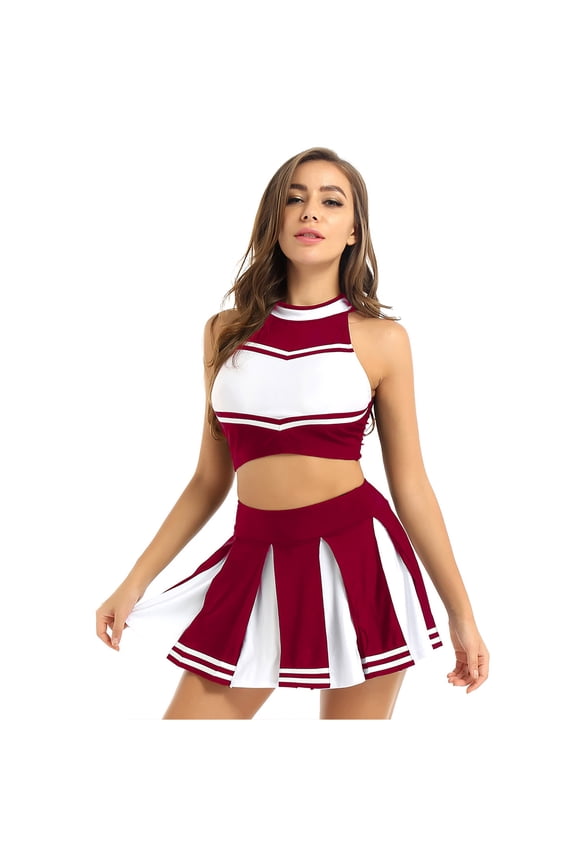 Womens School Girls Cheerleading Team Uniform Outfits 3Pcs Sleeveless Crop Tops with Pleated Skirt and Headwear Wine Red XXL