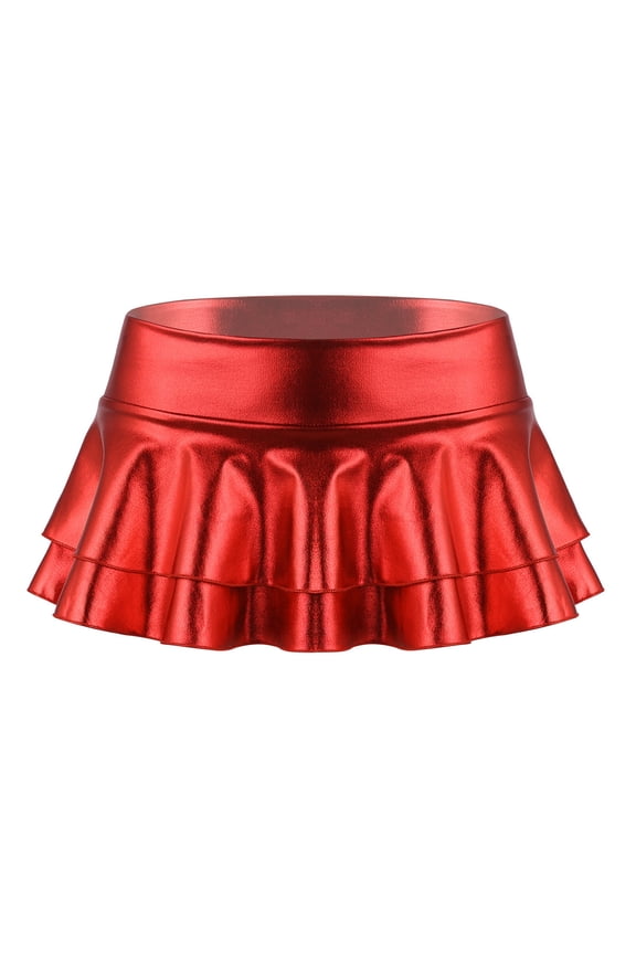 Womens Shiny Metallic Frilly Ruffled Mini Skirts Low Rise Short Skirts Dance Clubwear Red XL