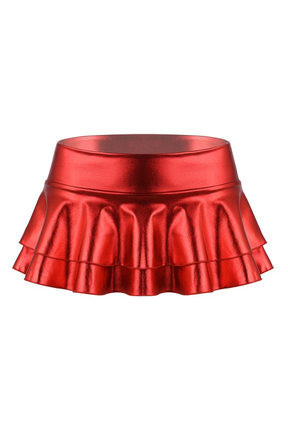 Womens Shiny Metallic Frilly Ruffled Mini Skirts Low Rise Short Skirts Dance Clubwear Red XXL