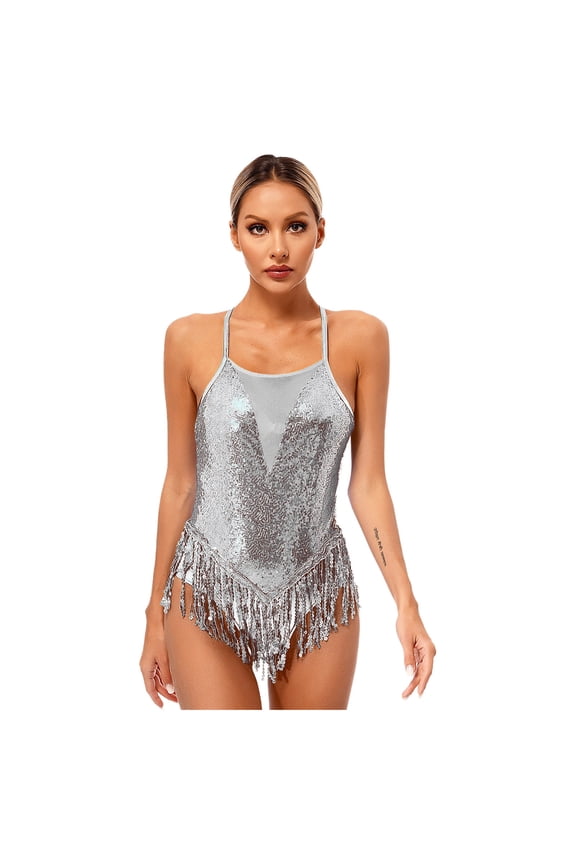 Womens Shiny Sequins Tassel Dance Dress Latin Jazz Dance Flowy Fringe Bodysuit Ballroom Silver XXL