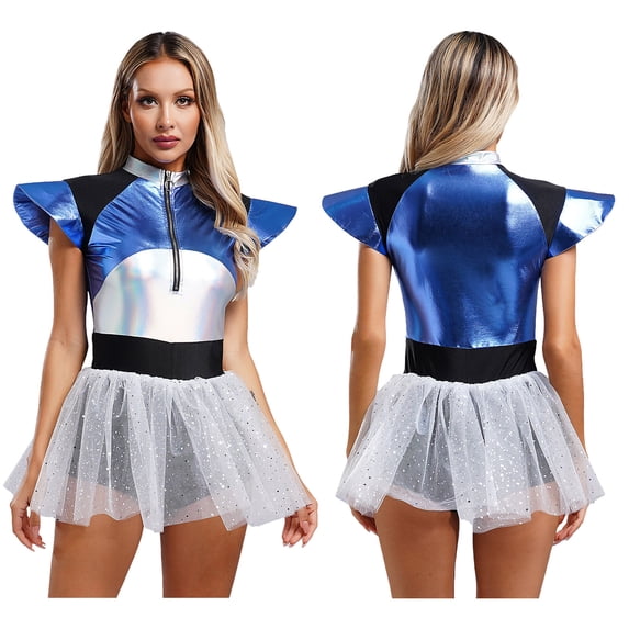 Aiihoo Womens Space Alien Dress One Piece Fly Sleeves Tulle Skirt Jumpsuit Silver XL