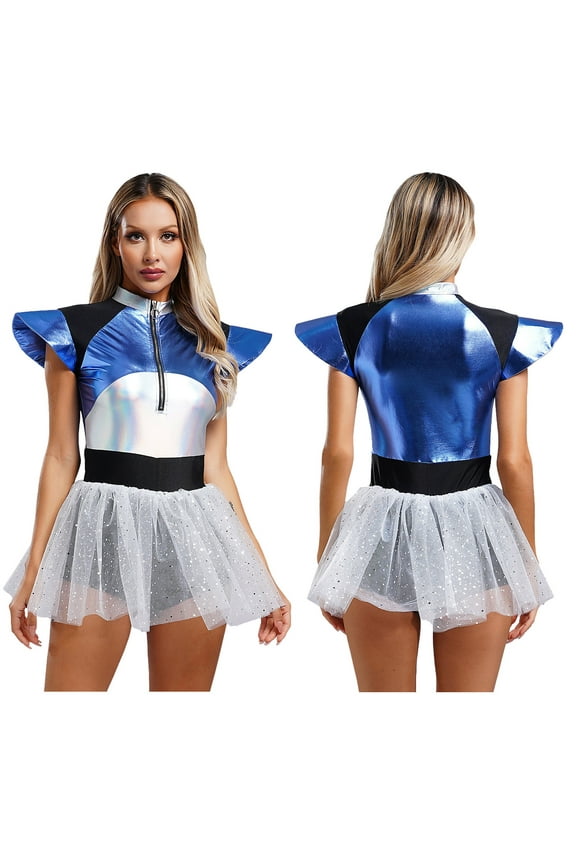 Womens Space Alien Dress One Piece Fly Sleeves Tulle Skirt Jumpsuit Silver XXL