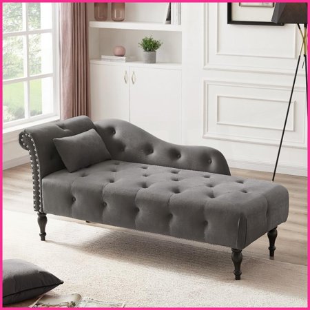 Aijia 60.6” Grey Velvet Chaise Lounge with Tufted Buttons, Nailhead Trim & Solid Wood Legs (Left Arm)