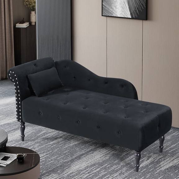 Aijia 60.6" Velvet Chaise Lounge Buttons Tufted Nailhead Trimmed Solid Wood Legs with 1 Pillow,Burgundy (Left Arm Design) (Black)