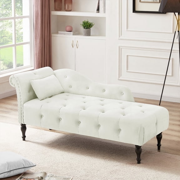 Aijia 60.6" White Velvet Chaise Lounge - Elegant Features like Buttons & Nailhead (Solid Wood Legs & 1 Pillow)