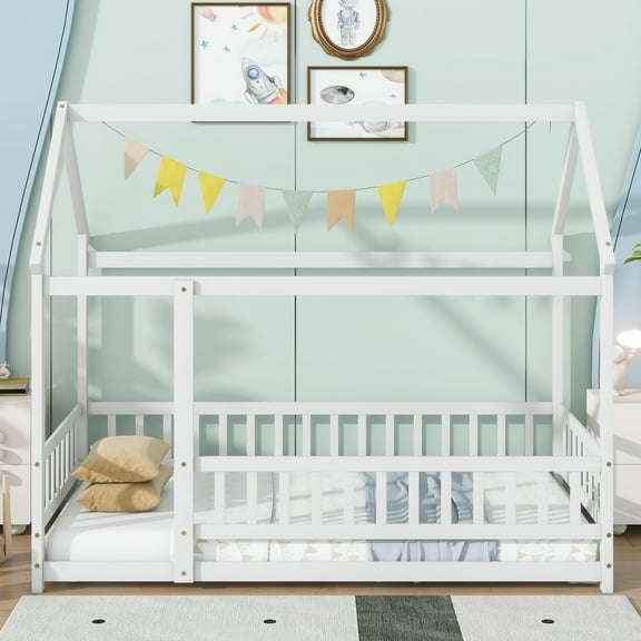 Twin Size White Rubber Wood House Floor Bed with Roof Frame & Safety Guardrails, Fun Play Space for Bedroom, Easy Assembly