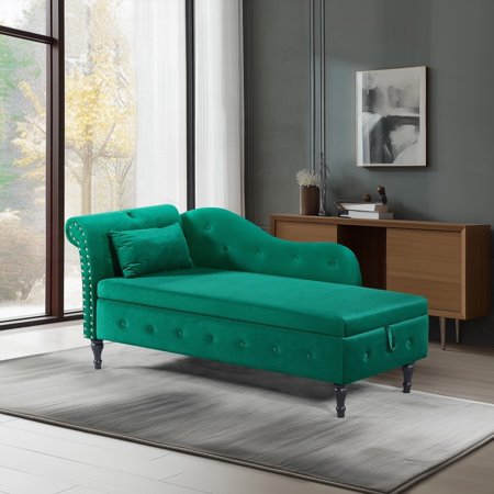 Modern Velvet 60" Chaise Lounge with Solid Wood Legs and Storage
