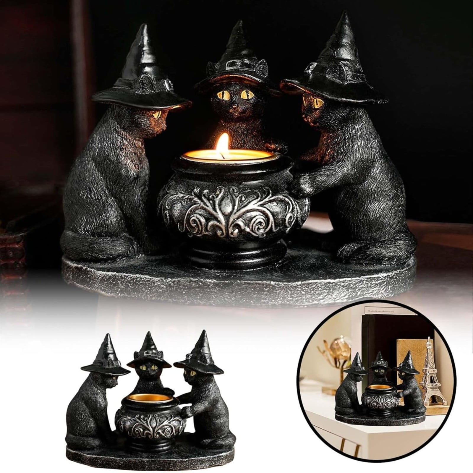 Gothic Raven Candle Holder - Halloween Decoration, 6.9" Black Resin Statue For Home & Parties
