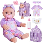 Aijohnny 12" Baby Doll with Flower Pattern Backpack Carrier, Baby Doll Set with Clothes and Accessories Hanky Pacifier Bottle Diaper Toy for Baby Toddler Age 3+