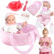 Aijohnny 12  Baby Doll Sleeping Basket Set, 12Pcs Doll Accessories Includes Pacifier, Blanket, Pillow & Diaper, Birthday Gift for Girls Ages 3-4 5-6