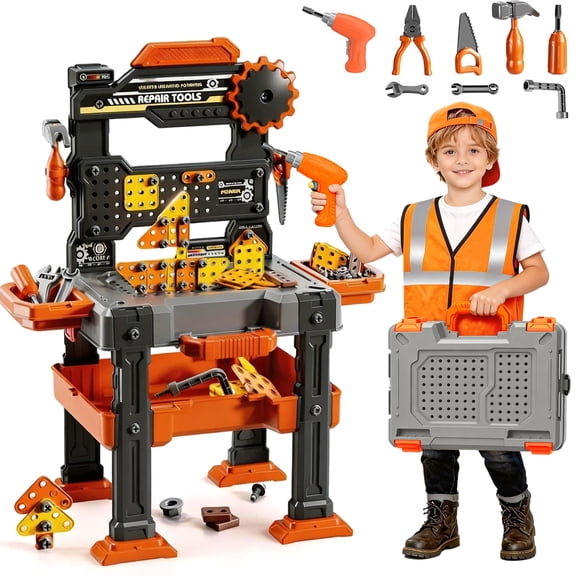 Aijohnny 156PCS Pretend Construction Toy Set with Drill, Kids Toy Workbench Playset Tools for Kids Ages 3-4 5-8 Years Old, Ideal Birthday Gifts for Boys