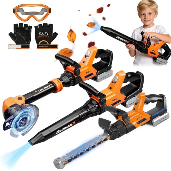 Aijohnny 3-in-1 Kids Garden Tools, Pretend Play Set with Weed Whacker, Leaf Blower & Hedge Trimmer, Birthday Gifts for Kids 1-8 Year Old