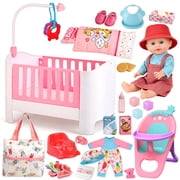 Aijohnny Baby Doll Crib & High Chair Furniture Set, Kids Pretend Play Interactive Toys, Birthday Gifts for Toddlers & Kids