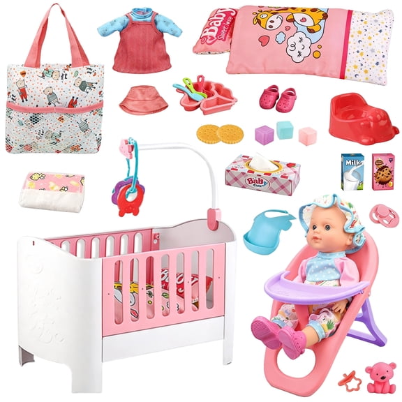 Aijohnny Baby Doll Crib & High Chair Furniture Set, Kids Pretend Play Interactive Toys, Birthday Gifts for Toddlers & Kids