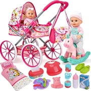 Aijohnny 12" Baby Doll Stroller Toys Set,Quilt Pillow,Rocking Horse,Accessories and 2 Outfits,Baby Doll Toys for Kids 3-7 Gifts
