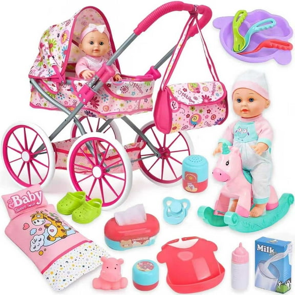 Aijohnny Baby Doll Stroller Toys Set with 12" Baby Doll, Quilt Pillow,Rocking Horse, Doll Accessories and 2 Sets Doll Clothes, Baby Doll Toys for Kids 3-5 4-6 5-7 Gifts