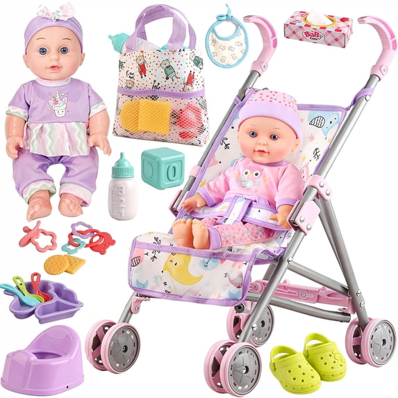 Aijohnny Baby Doll Stroller Toys Set with 12" Baby Doll, Doll Accessories and 2 Sets Doll Clothes, Baby Doll Toys for Kids 3-8 Gifts