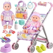 Aijohnny Baby Doll Stroller Toys Set with 12" Baby Doll, Doll Accessories and 2 Sets Doll Clothes, Baby Doll Toys for Kids 3-8 Gifts
