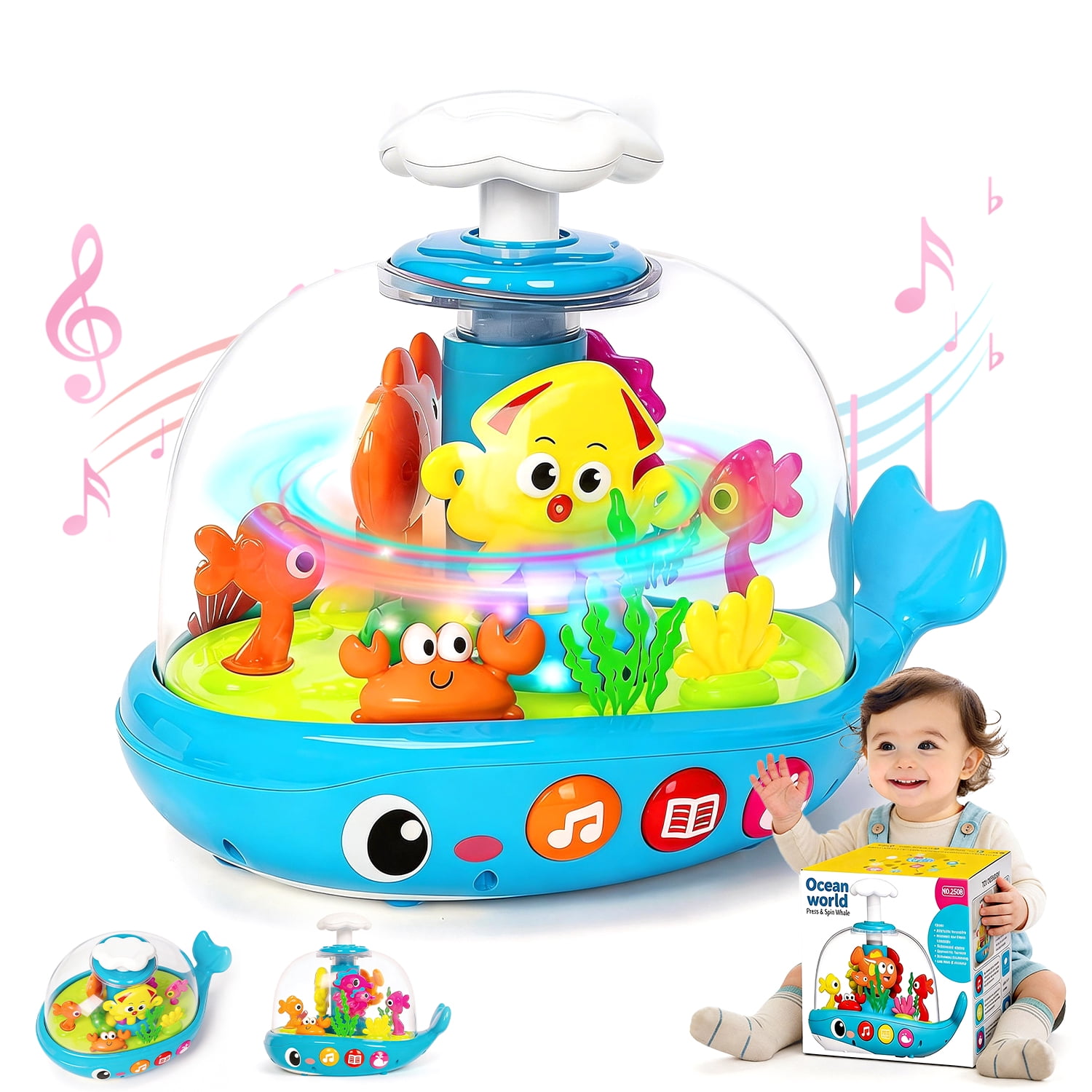 Aijohnny Baby Musical Aquarium Toy, Press to Glow & Spin Infant Toy, Newborn Gift for Kids 6-12 Months