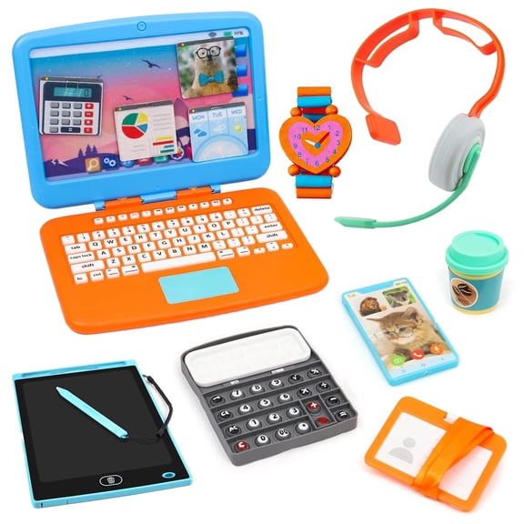 Aijohnny Pretend Play Home Office Set for Kids,Toddler Computer,Phone,LCD Writing Tablet,Pop Fidget CalculatorHeadset,Coffee Cup and Watch,Birthday Gift for Boys